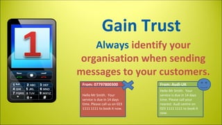 Gain Trust
Always identify your
organisation when sending
messages to your customers.
From: 07797800300

From: Audi-UK

Hello Mr Smith. Your
service is due in 14 days
time. Please call us on 023
1111 1111 to book it now.

Hello Mr Smith. Your
service is due in 14 days
time. Please call your
nearest Audi centre on
023 1111 1111 to book it
now.

 