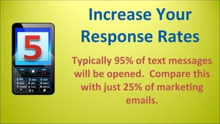 Increase Your
Response Rates
Typically 95% of text messages
will be opened. Compare this
with just 25% of marketing
emails.

 