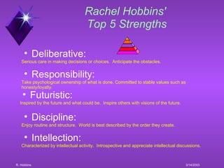 Rachel Hobbins'  Top 5 Strengths ,[object Object],[object Object],[object Object],[object Object],[object Object],[object Object],[object Object],[object Object],[object Object],[object Object],R. Hobbins 3/14/2003 