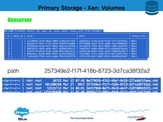 The Cloud Specialists
Primary Storage - Xen: Volumes
path 257349e2-f17f-418b-8723-3d7ca38f32a2
Xenserver
MariaDB [cloud]> select id, pool_id, uuid, path, chain_info from volumes;
+----+---------+--------------------------------------+--------------------------------------+------------+
| id | pool_id | uuid | path | chain_info |
+----+---------+--------------------------------------+--------------------------------------+------------+
| 1 | 1 | 11120026-1b78-40a5-b069-2136b7fe732d | ee0325d2-ce78-4cd5-91ad-77fc7a2559e1 | NULL |
| 2 | 1 | 8a1ddc27-3e5c-4752-a954-19625974a06b | 05f25060-1b43-417e-a40d-7bef70d0a6d3 | NULL |
| 3 | 1 | 19258a34-423d-4af7-9841-9a8fac53b740 | a4c464f5-7f63-4bcf-8892-c905c5ed1421 | NULL |
| 4 | 1 | 9b8fb523-5801-4e9e-9627-a285631b9f21 | cbd8fb97-190d-4908-97f1-e9b648146eaa | NULL |
| 5 | 1 | 5d243174-b619-474e-a3d6-861dc8ac4b14 | e4a56fd8-8541-4f62-ad73-7306bb5a46c3 | NULL |
| 6 | 1 | 836eab1c-8ce8-4667-9397-ee15c5b4e913 | 257349e2-f17f-418b-8723-3d7ca38f32a2 | NULL |
| 7 | 1 | fa3bcb33-733d-4e41-a6de-f66c53c03ff8 | c29fc222-db17-40b7-b52c-6bd456d29abf | NULL |
+----+---------+--------------------------------------+--------------------------------------+------------+
 