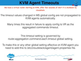 The Cloud Specialists
KVM Agent Timeouts
The timeout values changed in MS global conﬁg are not propagated to
KVM agents automatically.
Many times this result in failure to apply conﬁg to VR as the
aggregated commands timeout.
This timeout setting is governed by
router.aggregation.command.each.timeout global setting.
To make this or any other global setting effective on KVM agent you
need to add this to /etc/cloudstack/agent/agent.properties ﬁle.
We have a virtual router starting on KVM, after few seconds of start it is shutdown by
cloudstack.
 
