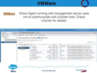 The Cloud Specialists
VMWare
VMWare Direct Agent running with management server uses
vim to communicate with vCenter host. Check
vCenter for details.
 