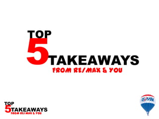 FROM RE/MAX & YOU
TAKEAWAYS5
TOP
FROM RE/MAX & YOU
TAKEAWAYS5
TOP
 