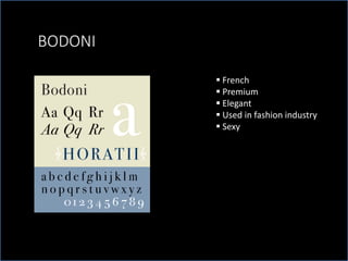 BODONI
French
Premium
Elegant
Used in fashion industry
Sexy