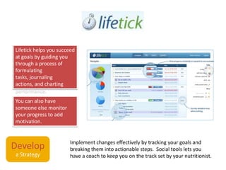 Lifetick helps you succeed at goals by guiding you through a process of formulating tasks, journaling actions, and charting performance.You can also have someone else monitor your progress to add motivation.Develop a Strategy Implement changes effectively by tracking your goals and breaking them into actionable steps.  Social tools lets you have a coach to keep you on the track set by your nutritionist.