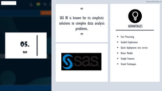 05.
SAS
“
SAS BI is known for its simplistic
solutions to complex data analysis
problems.
”
ADVANTAGES
▪ Fast Processing
▪ Guided Exploration
▪ Quick deployment into service
▪ Better Models
▪ Simple Features
▪ Tested Techniques
www.edureka.co
 