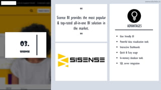 03.
SISENSE
“
Sisense BI provides the most popular
& top-rated all-in-one BI solution in
the market..
”
ADVANTAGES
▪ User friendly UI
▪ Powerful data visualization tools
▪ Interactive Dashboards
▪ Quick & Easy usage
▪ In-memory database tools
▪ SQL server integration
www.edureka.co
 