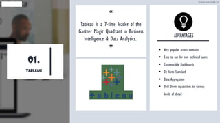 01.
TABLEAU
“
Tableau is a 7-time leader of the
Gartner Magic Quadrant in Business
Intelligence & Data Analytics.
”
ADVANTAGES
▪ Very popular across domains
▪ Easy to use for non technical users
▪ Customizable Dashboards
▪ De facto Standard
▪ Data Aggregation
▪ Drill Down capabilities to various
levels of detail
www.edureka.co
 