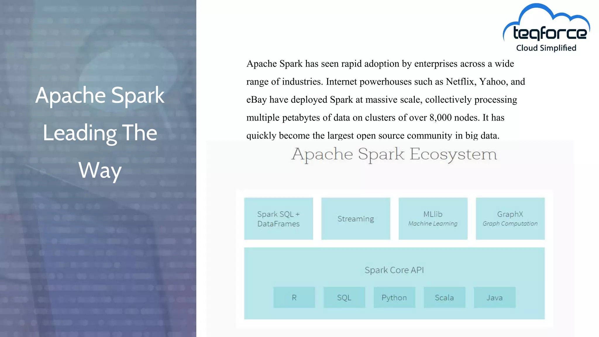 Apache Spark
Leading The
Way
Apache Spark has seen rapid adoption by enterprises across a wide
range of industries. Internet powerhouses such as Netflix, Yahoo, and
eBay have deployed Spark at massive scale, collectively processing
multiple petabytes of data on clusters of over 8,000 nodes. It has
quickly become the largest open source community in big data.
 