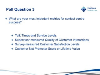 © Enghouse Systems Ltd 2011
What are your most important metrics for contact centre
success?
Talk Times and Service Levels
Supervisor-measured Quality of Customer Interactions
Survey-measured Customer Satisfaction Levels
Customer Net Promoter Score or Lifetime Value
Poll Question 3
 