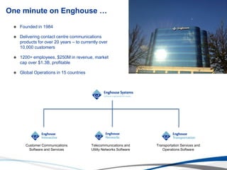 © Enghouse Systems Ltd 2011
One minute on Enghouse …
 Founded in 1984
 Delivering contact centre communications
products for over 20 years – to currently over
10,000 customers
 1200+ employees, $250M in revenue, market
cap over $1.3B, profitable
 Global Operations in 15 countries
Customer Communications
Software and Services
Telecommunications and
Utility Networks Software
Transportation Services and
Operations Software
 