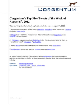 Corgentum’s Top Five Tweets of the Week of
August 6th, 2012
These are Corgentum Consulting’s top five tweets for the week of August 6th, 2012.

1) Inside trader Roomy Khan testifies in Doug #Whitman #hedgefund expert network trial - #Galleon
continues... ow.ly/cOWOL

2) #Knight Gets $400 Million Infusion in Sale of Convertibles after rogue #algorithms shocks
#markets - too little too late?...

3) #Singapore regulator modifies #hedgefund rules - fee generation tactic for them or
oversight increase for #investors ? ow.ly/cOXba

4) Latest #Fraud Allegations Add Another Giant Bank to Police Lineup: ow.ly/cNz0p

5) #UBS #traders offered deal by U.S. in #interest rate probe ow.ly/cRbue



Be sure to follow Corgentum Consulting on Twitter @Corgentum for the latest news on
operational due diligence, hedge funds, private equity, fraud and the alternative investment
industry.

For More                 info@corgentum.com
Information              Corgentum.com | Blog | Twitter Feed
                         Tel. 201-360-2430




© 2011 Corgentum Consulting, LLC
 
