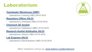 Laboratorium
• Teamleader Warehouse (GMP)
• Laboratorium | Limburg | HBO | 08-07-2016
• Regulatory Officer (HLO)
• Laboratorium | Overijssel | HBO | 07-07-2016
• Chemisch QC Analist
• Laboratorium | Gelderland | MBO | 07-07-2016
• Research Analist Antibodies (HLO)
• Laboratorium | Utrecht | HBO | 07-07-2016
• Lab Engineer (HLO)
• Laboratorium | Noord-Brabant | HBO | 07-07-2016
Meer vacatures vind je op: www.balans.nu/laboratorium
 