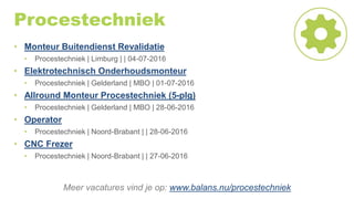 Procestechniek
• Monteur Buitendienst Revalidatie
• Procestechniek | Limburg | | 04-07-2016
• Elektrotechnisch Onderhoudsmonteur
• Procestechniek | Gelderland | MBO | 01-07-2016
• Allround Monteur Procestechniek (5-plg)
• Procestechniek | Gelderland | MBO | 28-06-2016
• Operator
• Procestechniek | Noord-Brabant | | 28-06-2016
• CNC Frezer
• Procestechniek | Noord-Brabant | | 27-06-2016
Meer vacatures vind je op: www.balans.nu/procestechniek
 