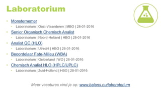Laboratorium
• Monsternemer
• Laboratorium | Oost-Vlaanderen | MBO | 28-01-2016
• Senior Organisch Chemisch Analist
• Laboratorium | Noord-Holland | HBO | 28-01-2016
• Analist QC (HLO)
• Laboratorium | Utrecht | HBO | 28-01-2016
• Beoordelaar Fate-Milieu (WBA)
• Laboratorium | Gelderland | WO | 28-01-2016
• Chemisch Analist HLO (HPLC/UPLC)
• Laboratorium | Zuid-Holland | HBO | 28-01-2016
Meer vacatures vind je op: www.balans.nu/laboratorium
 