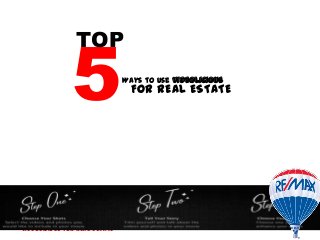 VIDEOLICIOUS FOR REAL ESTATE
WAYS TO USE5
TOP
5
TOP
Ways to use VIDEOLICIOUS
FOR REAL ESTATE
 