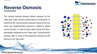 Reverse Osmosis
The reverse osmosis process utilizes pressure on the
"dirty side" (high mineral content side) of membranes, to
overcome the natural osmotic pressure trying to flow the
other way. Supplementary pressure is added to speed
up the process, in order to force water across the semi-
permeable membrane to the "clean side". During this RO
process, 98% or more of the dissolved minerals are left
behind on the "dirty side".
© 2017 WaterProfessionals®
 