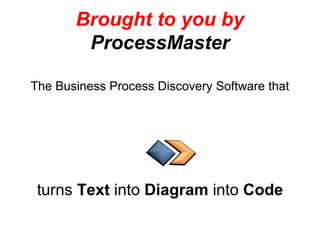 Brought to you by
ProcessMaster
The Business Process Discovery Software that
turns Text into Diagram into Code
 