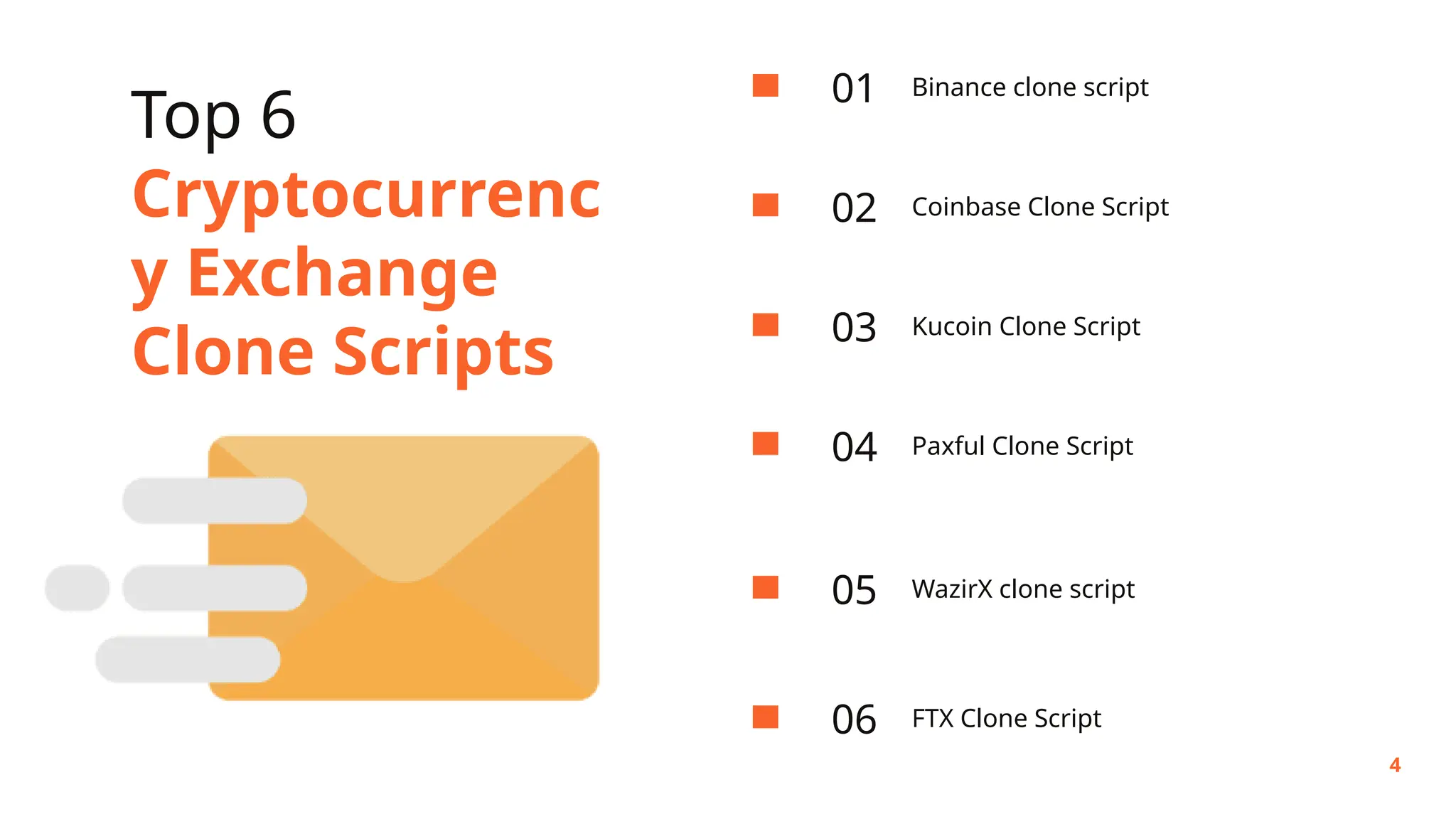Top 6
Cryptocurrenc
y Exchange
Clone Scripts
01 Binance clone script
02 Coinbase Clone Script
03 Kucoin Clone Script
04 Paxful Clone Script
05 WazirX clone script
4
06 FTX Clone Script
 