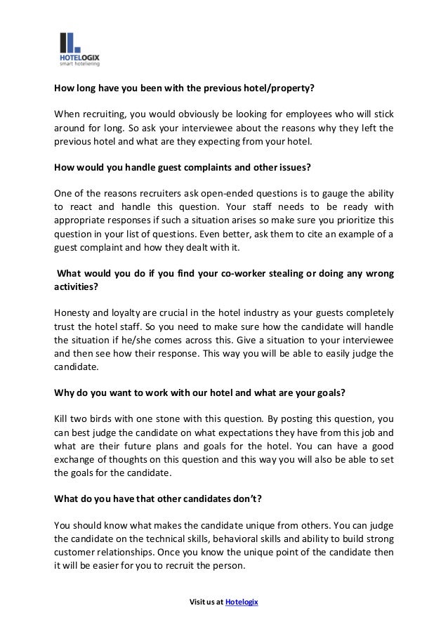 Top 6 interview questions for hotel staff recruitment