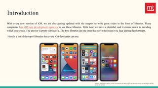 Introduction
With every new version of iOS, we are also getting updated with the support to write great codes in the form of libraries. Many
companies hire iOS app development agencies to use these libraries. With time we have a plentiful, and it comes down to deciding
which one to use. The answer is pretty subjective. The best libraries are the ones that solve the issues you face during development.
Here is a list of the top 6 libraries that every iOS developer can use.
Original published in https://www.manektech.com/blog/top-6-ios-libraries-every-ios-developer-should-
use-in-the-project
 
