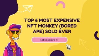 TOP 6 MOST EXPENSIVE
NFT MONKEY (BORED
APE) SOLD EVER
Let's Explore >>
 