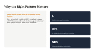 Why the Right Partner Matters
Patient portals succeed or fail on accessibility, not just
features.
Every serious build must be UK GDPR-compliant, integrate
with NHS systems, and remain simple enough for patients of
every age and technical ability to use confidently.
6
Established companies evaluated
GDPR
UK data protection compliance is essential
NHS
Deep interoperability requirements
 