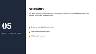 05
G L O B A L C O N S U LT I N G S C A L E
Accenture
One of the largest global technology and consulting firms, with a substantial UK healthcare practice
spanning the NHS and private providers.
Enterprise-wide digital transformation
Large-scale systems integration
Global delivery network
 