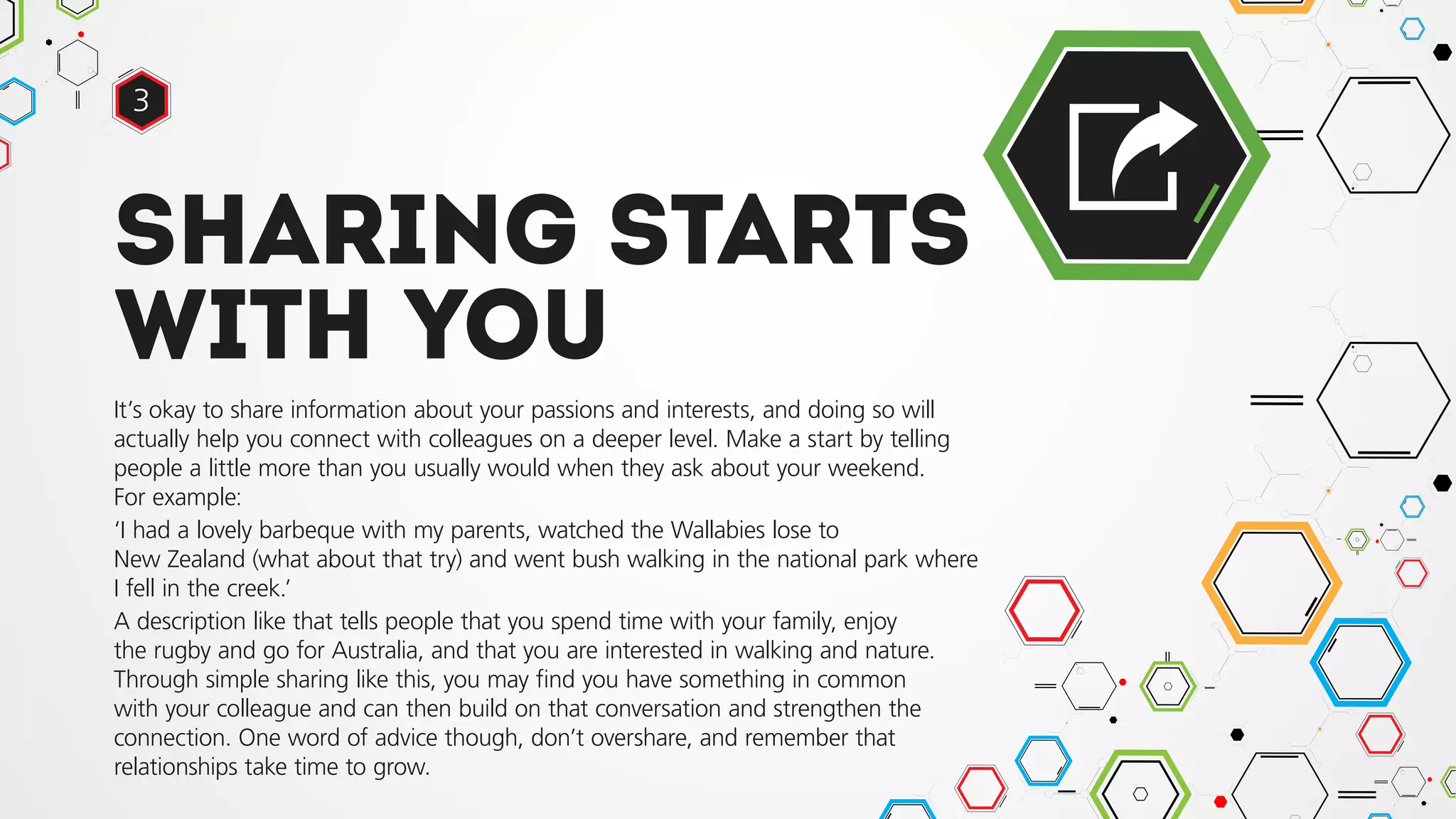Sharing starts
with you
It’s okay to share information about your passions and interests, and doing so will
actually help you connect with colleagues on a deeper level. Make a start by telling
people a little more than you usually would when they ask about your weekend.
For example:
‘I had a lovely barbeque with my parents, watched the Wallabies lose to
New Zealand (what about that try) and went bush walking in the national park where
I fell in the creek.’
A description like that tells people that you spend time with your family, enjoy
the rugby and go for Australia, and that you are interested in walking and nature.
Through simple sharing like this, you may find you have something in common
with your colleague and can then build on that conversation and strengthen the
connection. One word of advice though, don’t overshare, and remember that
relationships take time to grow.
3
 