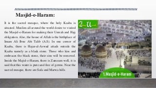 Masjid-e-Haram:
It is the sacred mosque, where the holy Kaaba is
situated. Muslim all around the world desire to visited
the Masjid-e-Haram for making their Umrah and Hajj
obligation. Also, the house of Allah is the birthplace of
Imam Ali Ibne Abi Talib (A.S). In one corner of
Kaaba, there is Hajar-al-Aswad attach outside the
Kaaba namely as a black stone. Those who kiss and
embraces the black stone, their sins will be removed.
Inside the Majid-e-Haram, there is Zamzam well, it is
said that this water is pure and free of germs. Near the
sacred mosque, there are Safa and Marwa hills.
 