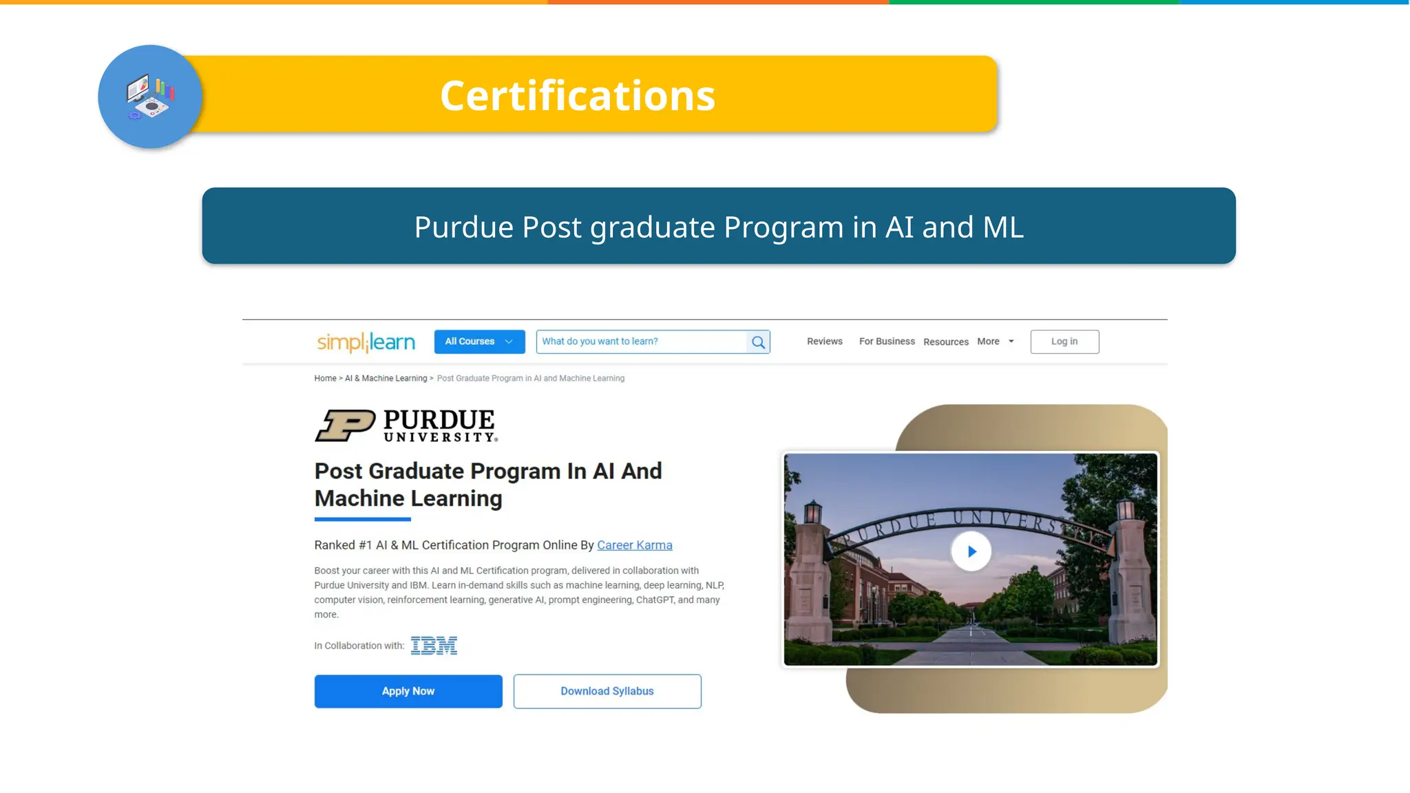 Certifications
Purdue Post graduate Program in AI and ML
 