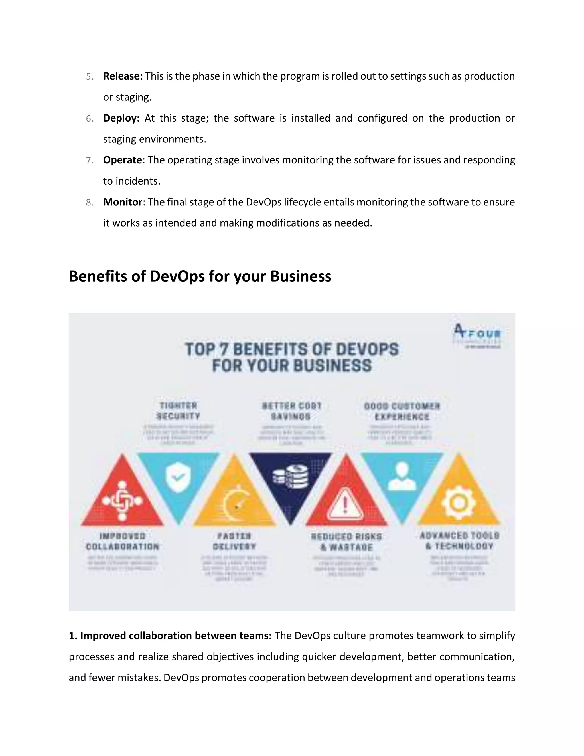 5. Release: This is the phase in which the program is rolled out to settings such as production
or staging.
6. Deploy: At this stage; the software is installed and configured on the production or
staging environments.
7. Operate: The operating stage involves monitoring the software for issues and responding
to incidents.
8. Monitor: The final stage of the DevOps lifecycle entails monitoring the software to ensure
it works as intended and making modifications as needed.
Benefits of DevOps for your Business
1. Improved collaboration between teams: The DevOps culture promotes teamwork to simplify
processes and realize shared objectives including quicker development, better communication,
and fewer mistakes. DevOps promotes cooperation between development and operations teams
 