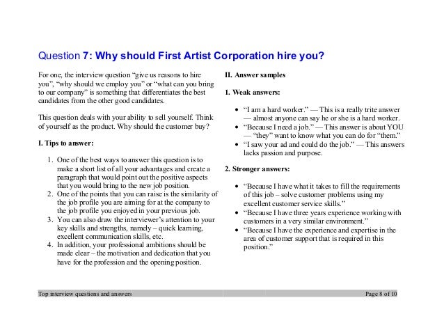 Top 7 first artist corporation interview questions and answers