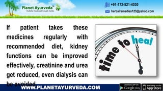 herbalremedies123@yahoo.com
+91-172-521-4030
WWW.PLANETAYURVEDA.COM
If patient takes these
medicines regularly with
recommended diet, kidney
functions can be improved
effectively, creatinine and urea
get reduced, even dialysis can
be avoided.
 