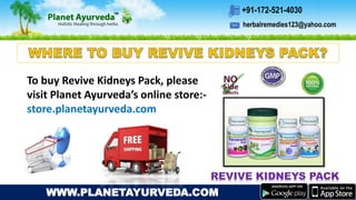 herbalremedies123@yahoo.com
+91-172-521-4030
WWW.PLANETAYURVEDA.COM
To buy Revive Kidneys Pack, please
visit Planet Ayurveda’s online store:-
store.planetayurveda.com
REVIVE KIDNEYS PACK
 