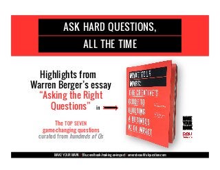 ASK HARD QUESTIONS,
ALL THE TIME
Highlights from
Warren Berger’s essay
“Asking the Right
Questions”
The TOP SEVEN
game-changing questions
curated from hundreds of Qs	
  
MAKE YOUR MARK | 99u.com/book/making-an-impact | amorebeautifulquestion.com
in 	
  
MAKE
YOUR
MARK
 