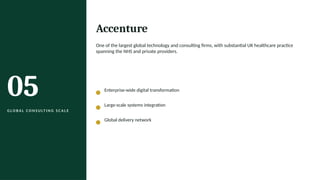 05
G L O B A L C O N S U LT I N G S C A L E
Accenture
One of the largest global technology and consulting firms, with substantial UK healthcare practice
spanning the NHS and private providers.
Enterprise-wide digital transformation
Large-scale systems integration
Global delivery network
 