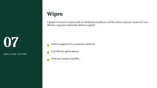07
L O N G -T E R M S U P P O R T
Wipro
A global IT services company with an established healthcare and life sciences division, known for cost-
effective, long-term telehealth platform support.
Patient engagement & consultation platforms
Cost-effective global delivery
Multi-year support capability
 