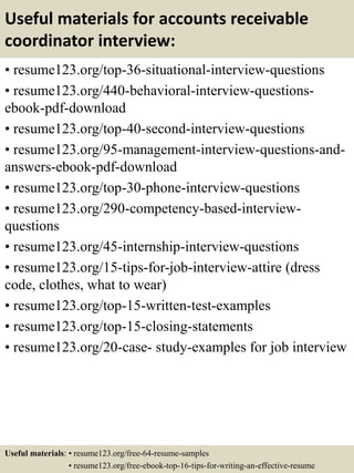 Useful materials for accounts receivable
coordinator interview:
• resume123.org/top-36-situational-interview-questions
• resume123.org/440-behavioral-interview-questions-
ebook-pdf-download
• resume123.org/top-40-second-interview-questions
• resume123.org/95-management-interview-questions-and-
answers-ebook-pdf-download
• resume123.org/top-30-phone-interview-questions
• resume123.org/290-competency-based-interview-
questions
• resume123.org/45-internship-interview-questions
• resume123.org/15-tips-for-job-interview-attire (dress
code, clothes, what to wear)
• resume123.org/top-15-written-test-examples
• resume123.org/top-15-closing-statements
• resume123.org/20-case- study-examples for job interview
Useful materials: • resume123.org/free-64-resume-samples
• resume123.org/free-ebook-top-16-tips-for-writing-an-effective-resume
 