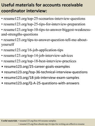 Useful materials for accounts receivable
coordinator interview:
• resume123.org/top-25-scenarios-interview-questions
• resume123.org/top-25-tips-for-interview-preparation
• resume123.org/top-10-tips-to-answer-biggest-weakness-
and-strengths-questions
• resume123.org/tips-to-answer-question-tell-me-about-
yourself
• resume123.org/16-job-application-tips
• resume123.org/top-14-job-interview-advices
• resume123.org/top-18-best-interview-practices
• resume123.org/25-career-goals-examples
• resume123.org/top-36-technical-interview-questions
• resume123.org/18-job-interview-exam-samples
• resume123.org/Q-A-25-questions-with-answers
Useful materials: • resume123.org/free-64-resume-samples
• resume123.org/free-ebook-top-16-tips-for-writing-an-effective-resume
 