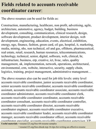 Fields related to accounts receivable
coordinator career:
The above resumes can be used for fields as:
Construction, manufacturing, healthcare, non profit, advertising, agile,
architecture, automotive, agency, budget, building, business
development, consulting, communication, clinical research, design,
software development, product development, interior design, web
development, engineering, education, events, electrical, exhibition,
energy, ngo, finance, fashion, green card, oil gas, hospital, it, marketing,
media, mining, nhs, non technical, oil and gas, offshore, pharmaceutical,
real estate, retail, research, human resources, telecommunications,
technology, technical, senior, digital, software, web, clinical, hr,
infrastructure, business, erp, creative, ict, hvac, sales, quality
management, uk, implementation, network, operations, architectural,
environmental, crm, website, interactive, security, supply chain,
logistics, training, project management, administrative management…
The above resumes also can be used for job title levels: entry level
accounts receivable coordinator, junior accounts receivable coordinator,
senior accounts receivable coordinator, accounts receivable coordinator
assistant, accounts receivable coordinator associate, accounts receivable
coordinator administrator, accounts receivable coordinator clerk,
accounts receivable coordinator coordinator, accounts receivable
coordinator consultant, accounts receivable coordinator controller,
accounts receivable coordinator director, accounts receivable
coordinator engineer, accounts receivable coordinator executive,
accounts receivable coordinator leader, accounts receivable coordinator
manager, accounts receivable coordinator officer, accounts receivable
coordinator specialist, accounts receivable coordinator supervisor, VP
accounts receivable coordinator…Useful materials: • resume123.org/free-64-resume-samples
• resume123.org/free-ebook-top-16-tips-for-writing-an-effective-resume
 