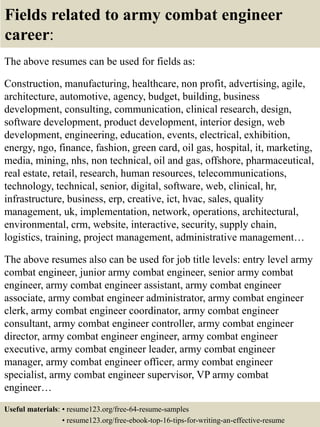 Fields related to army combat engineer
career:
The above resumes can be used for fields as:
Construction, manufacturing, healthcare, non profit, advertising, agile,
architecture, automotive, agency, budget, building, business
development, consulting, communication, clinical research, design,
software development, product development, interior design, web
development, engineering, education, events, electrical, exhibition,
energy, ngo, finance, fashion, green card, oil gas, hospital, it, marketing,
media, mining, nhs, non technical, oil and gas, offshore, pharmaceutical,
real estate, retail, research, human resources, telecommunications,
technology, technical, senior, digital, software, web, clinical, hr,
infrastructure, business, erp, creative, ict, hvac, sales, quality
management, uk, implementation, network, operations, architectural,
environmental, crm, website, interactive, security, supply chain,
logistics, training, project management, administrative management…
The above resumes also can be used for job title levels: entry level army
combat engineer, junior army combat engineer, senior army combat
engineer, army combat engineer assistant, army combat engineer
associate, army combat engineer administrator, army combat engineer
clerk, army combat engineer coordinator, army combat engineer
consultant, army combat engineer controller, army combat engineer
director, army combat engineer engineer, army combat engineer
executive, army combat engineer leader, army combat engineer
manager, army combat engineer officer, army combat engineer
specialist, army combat engineer supervisor, VP army combat
engineer…
Useful materials: • resume123.org/free-64-resume-samples
• resume123.org/free-ebook-top-16-tips-for-writing-an-effective-resume
 