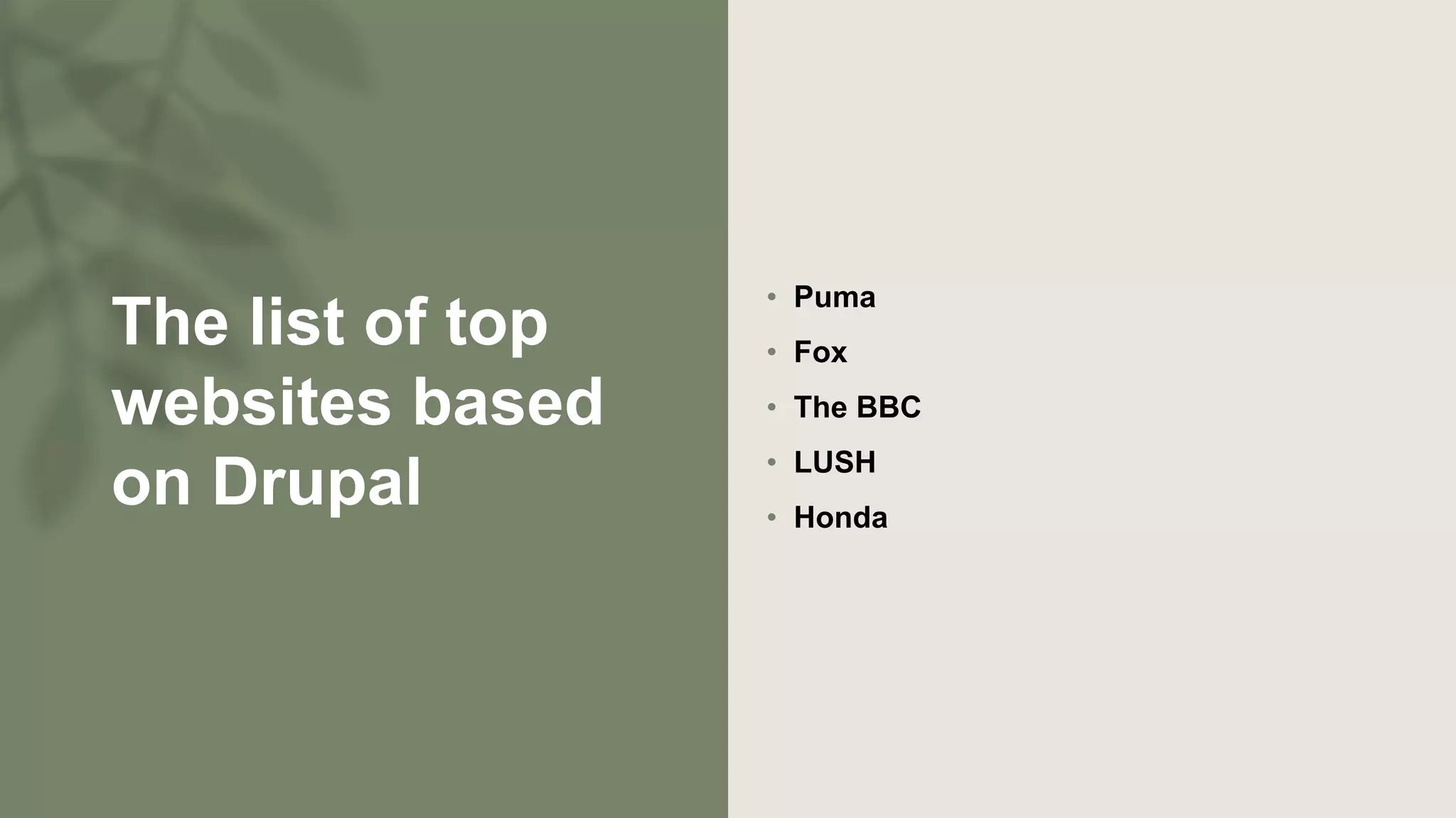 The list of top
websites based
on Drupal
• Puma
• Fox
• The BBC
• LUSH
• Honda
 