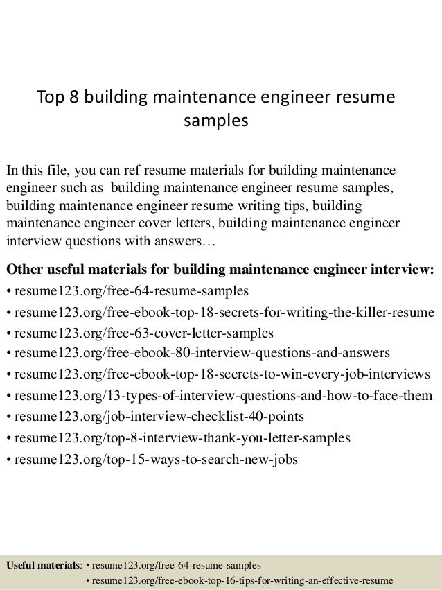 top 8 building maintenance engineer resume samples tips on building a resumes