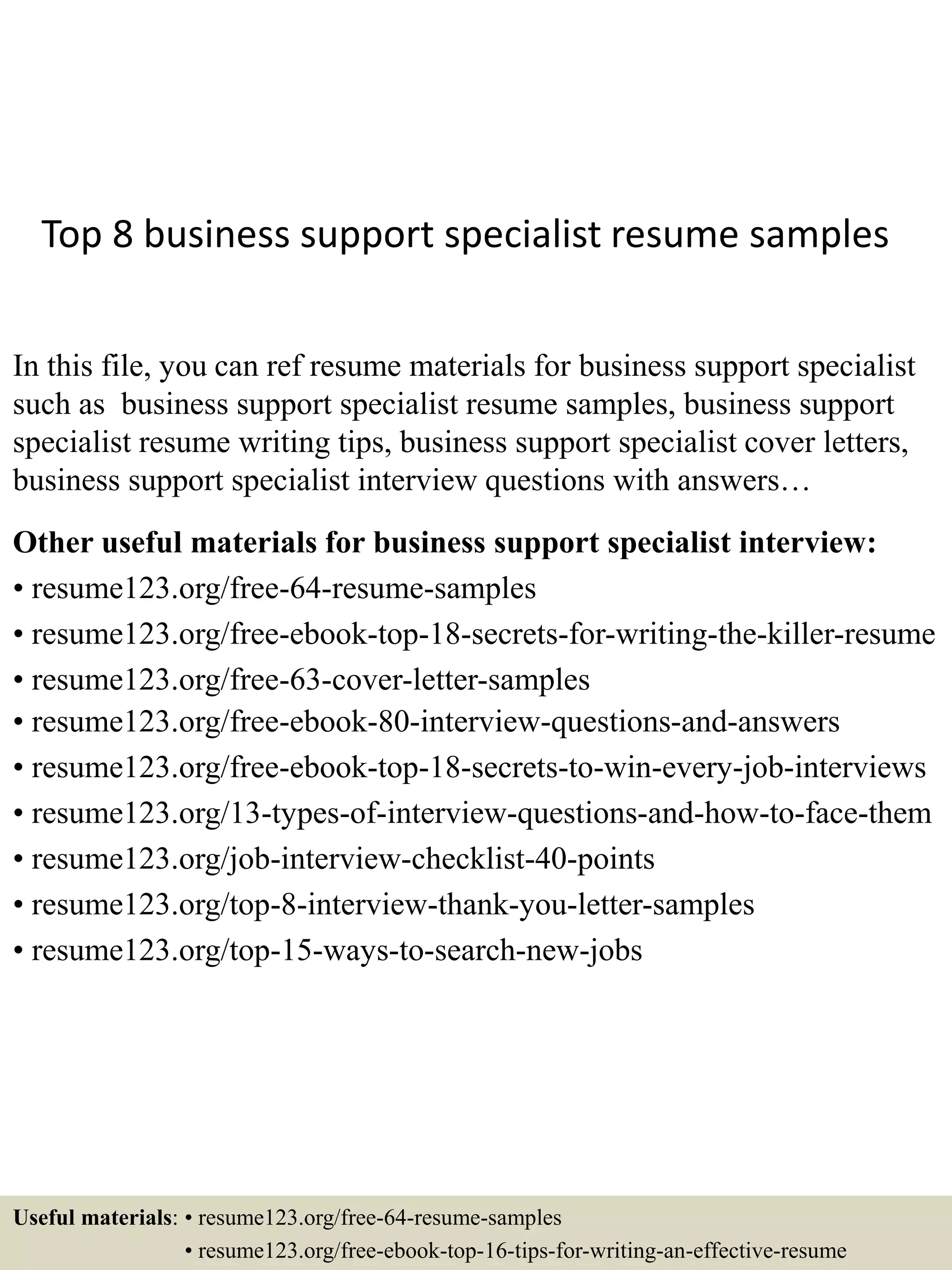 Top 8 business support specialist resume samples | PPTX
