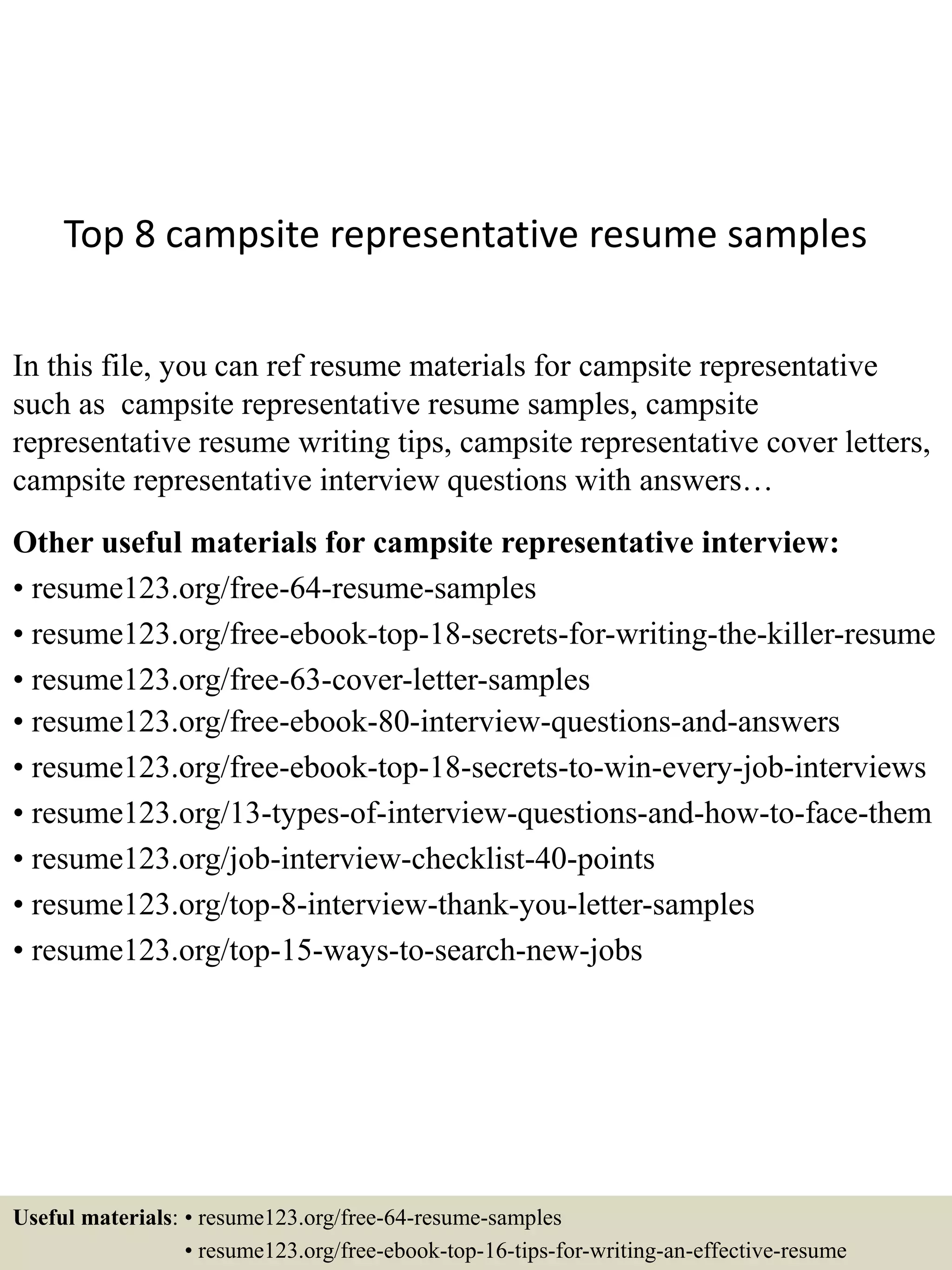 Top 8 campsite representative resume samples PDF
