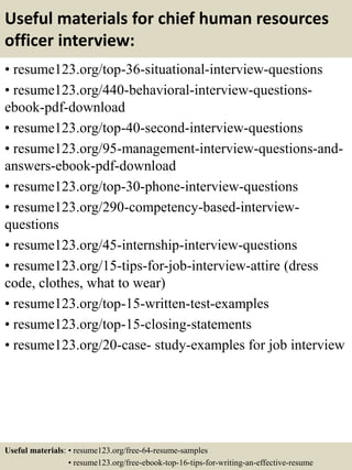 Useful materials for chief human resources
officer interview:
• resume123.org/top-36-situational-interview-questions
• resume123.org/440-behavioral-interview-questions-
ebook-pdf-download
• resume123.org/top-40-second-interview-questions
• resume123.org/95-management-interview-questions-and-
answers-ebook-pdf-download
• resume123.org/top-30-phone-interview-questions
• resume123.org/290-competency-based-interview-
questions
• resume123.org/45-internship-interview-questions
• resume123.org/15-tips-for-job-interview-attire (dress
code, clothes, what to wear)
• resume123.org/top-15-written-test-examples
• resume123.org/top-15-closing-statements
• resume123.org/20-case- study-examples for job interview
Useful materials: • resume123.org/free-64-resume-samples
• resume123.org/free-ebook-top-16-tips-for-writing-an-effective-resume
 