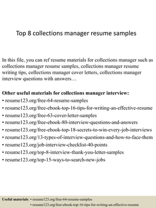 Top 8 collections manager resume samples | PPTX
