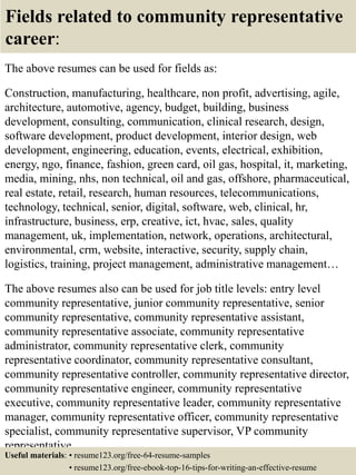 Fields related to community representative
career:
The above resumes can be used for fields as:
Construction, manufacturing, healthcare, non profit, advertising, agile,
architecture, automotive, agency, budget, building, business
development, consulting, communication, clinical research, design,
software development, product development, interior design, web
development, engineering, education, events, electrical, exhibition,
energy, ngo, finance, fashion, green card, oil gas, hospital, it, marketing,
media, mining, nhs, non technical, oil and gas, offshore, pharmaceutical,
real estate, retail, research, human resources, telecommunications,
technology, technical, senior, digital, software, web, clinical, hr,
infrastructure, business, erp, creative, ict, hvac, sales, quality
management, uk, implementation, network, operations, architectural,
environmental, crm, website, interactive, security, supply chain,
logistics, training, project management, administrative management…
The above resumes also can be used for job title levels: entry level
community representative, junior community representative, senior
community representative, community representative assistant,
community representative associate, community representative
administrator, community representative clerk, community
representative coordinator, community representative consultant,
community representative controller, community representative director,
community representative engineer, community representative
executive, community representative leader, community representative
manager, community representative officer, community representative
specialist, community representative supervisor, VP community
representative…
Useful materials: • resume123.org/free-64-resume-samples
• resume123.org/free-ebook-top-16-tips-for-writing-an-effective-resume
 