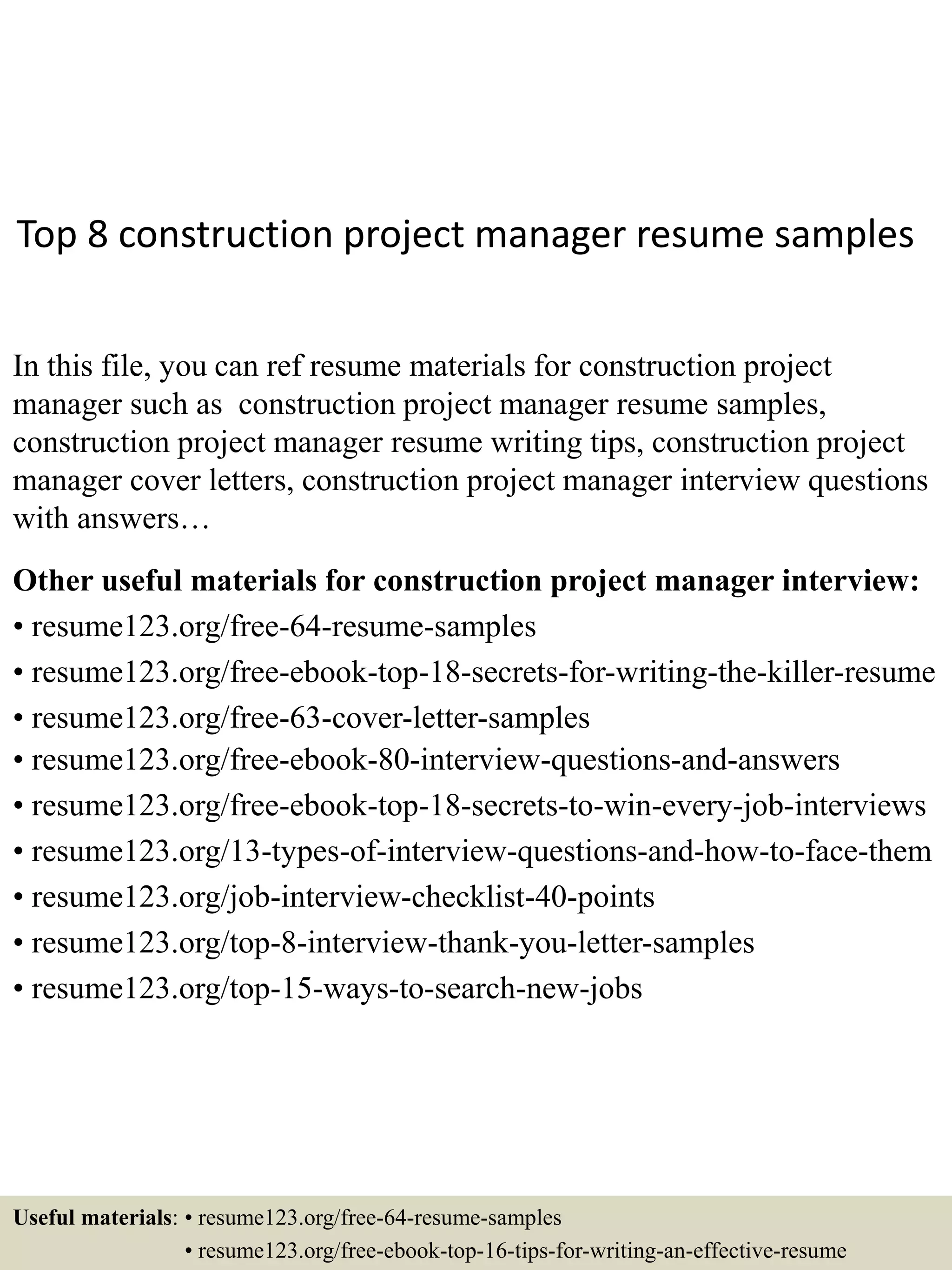 Top 8 construction project manager - Top 8 Construction Project Manager Resume Samples 1 2048 